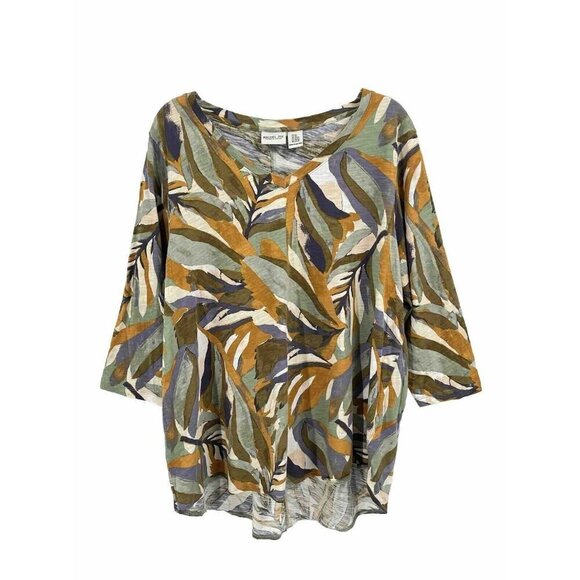 Rachel Zoe Tropical Print Cotton V Neck Short Sleeve T Shirt Sz 2X - Picture 1 of 6